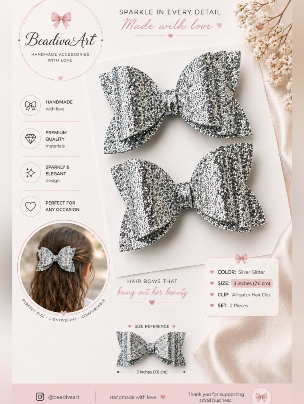 Glittery Silver Hair Bows for Girls🎀✨